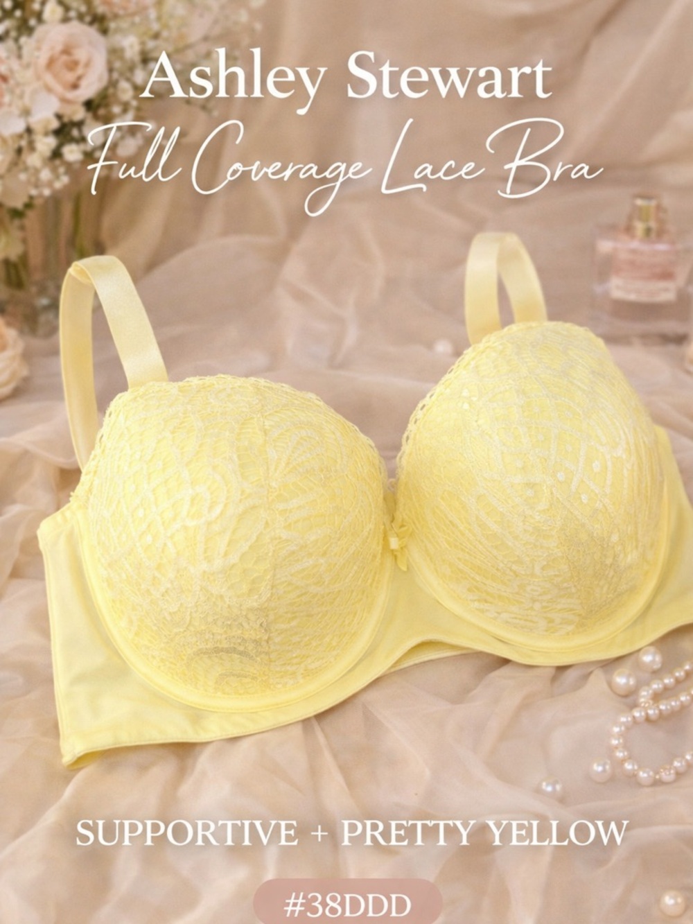 Ashley Stewart 38DDD Full Coverage Lace Bra Yellow Underwire Support Plus Size